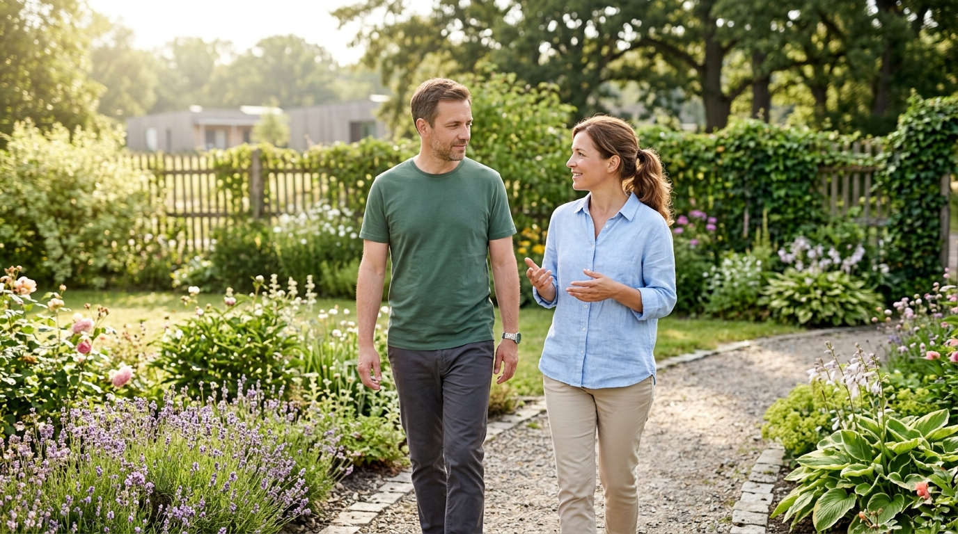 Пациент прогуливается в саду реабилитационного центра для алкозависимых
